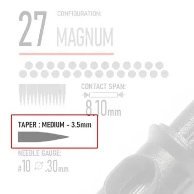Highlighting Medium taper 3.5mm on REBEL 27 Magnum, explaining taper vs bugpin tattoo needles blog.