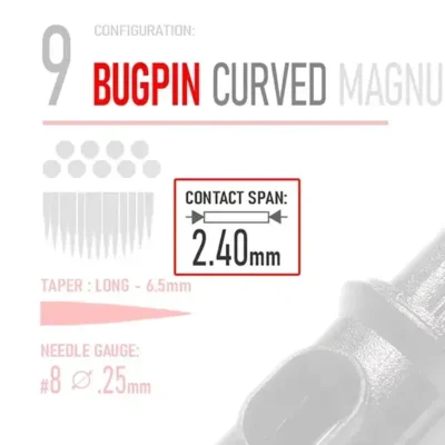Closeup of REBEL 9 Bugpin Curved Magnum tattoo cartridge highlighting Contact Span and needle type