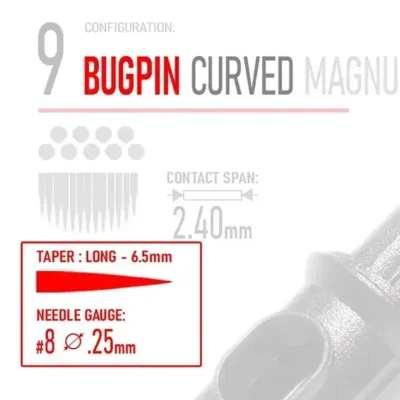Closeup of REBEL Bugpin 9 Curved Magnum cartridge highlighting taper data and gauge details on web variation image