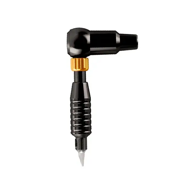 Cheyenne Hawk rotary tattoo machine — black angled body with gold adjustment dial, ribbed grip, and cartridge needle tip
