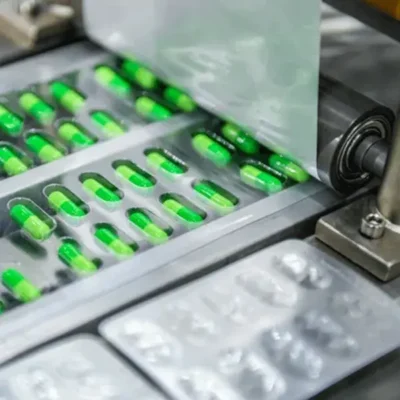 Industrial blister packaging machine sealing medical capsules in aluminum foil trays on a production line