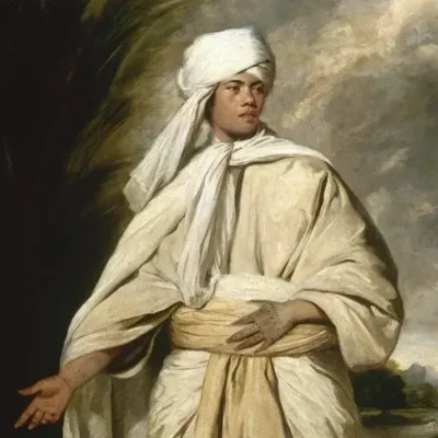Omai portrait painting by Joshua Reynolds, Tahitian noble in white robes, 18th century