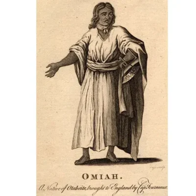 Period engraving of Omai captioned "A Native of Otabeite, brought to England by Captain Furneaux"