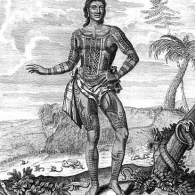 18th-century engraving of a Polynesian man covered in traditional tattoos, full body illustration
