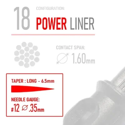 Closeup of REBEL Power Liner cartridge label showing needle type name, taper type, and gauge details
