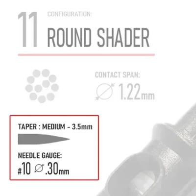 Closeup of REBEL 11RS round shader tattoo cartridge diagram showing medium taper 3.5mm and gauge #10 0.30mm