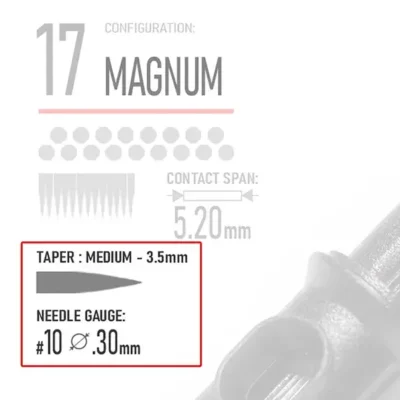 Closeup of REBEL 17 magnum tattoo cartridge diagram showing medium taper 3.5mm and gauge #10 (0.30mm)