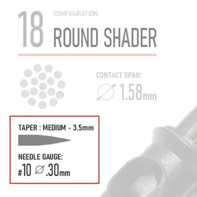 Closeup of REBEL 18RS round shader tattoo cartridge diagram showing medium taper 3.5mm and gauge #10 0.30mm
