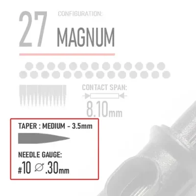 Closeup of REBEL 27 Magnum tattoo cartridge diagram showing medium taper 3.5mm and gauge #10 (0.30mm)