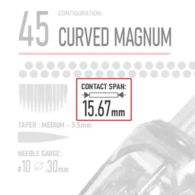 Closeup of REBEL 45 Curved Magnum tattoo cartridge highlighting Contact Span and needle type