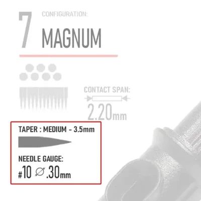 Closeup of REBEL 7 Magnum tattoo cartridge diagram showing medium taper 3.5mm and gauge #10 (0.30mm)