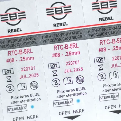 REBEL blister packaging label showing sterilization validation and batch details for tattoo cartridges