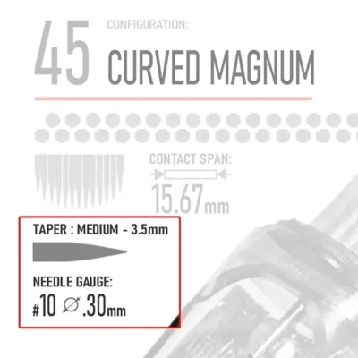 Closeup of REBEL 45 Curved Magnum GIANT cartridge highlighting taper data and gauge details on web variation image