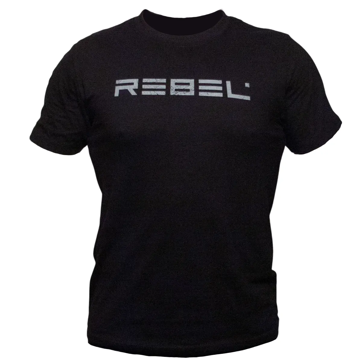 Front view of REBEL Grunge T-shirt in black with faded grungy REBEL logo print