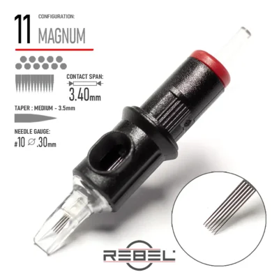 REBEL Precision 11 Magnum Tattoo Cartridge – Contact Span 3.40mm, Medium Taper 3.5mm, Gauge #10 (0.30mm)