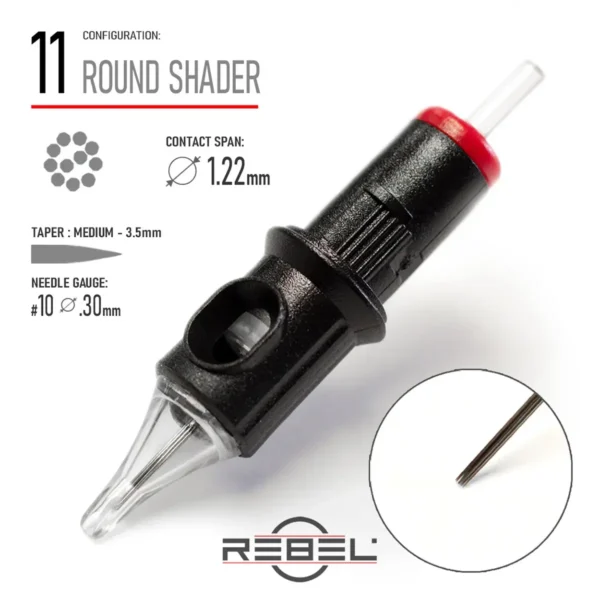 REBEL Precision 11RS Round Shader Tattoo Cartridge – Contact Span 1.22 mm, Medium Taper 3.5mm, Gauge #10 (0.30 mm)