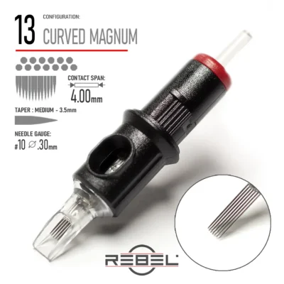 REBEL Precision 13 Curved Magnum Tattoo Cartridge – Contact Span 4.00mm, Medium Taper 3.5mm, Gauge #10 (0.30mm)