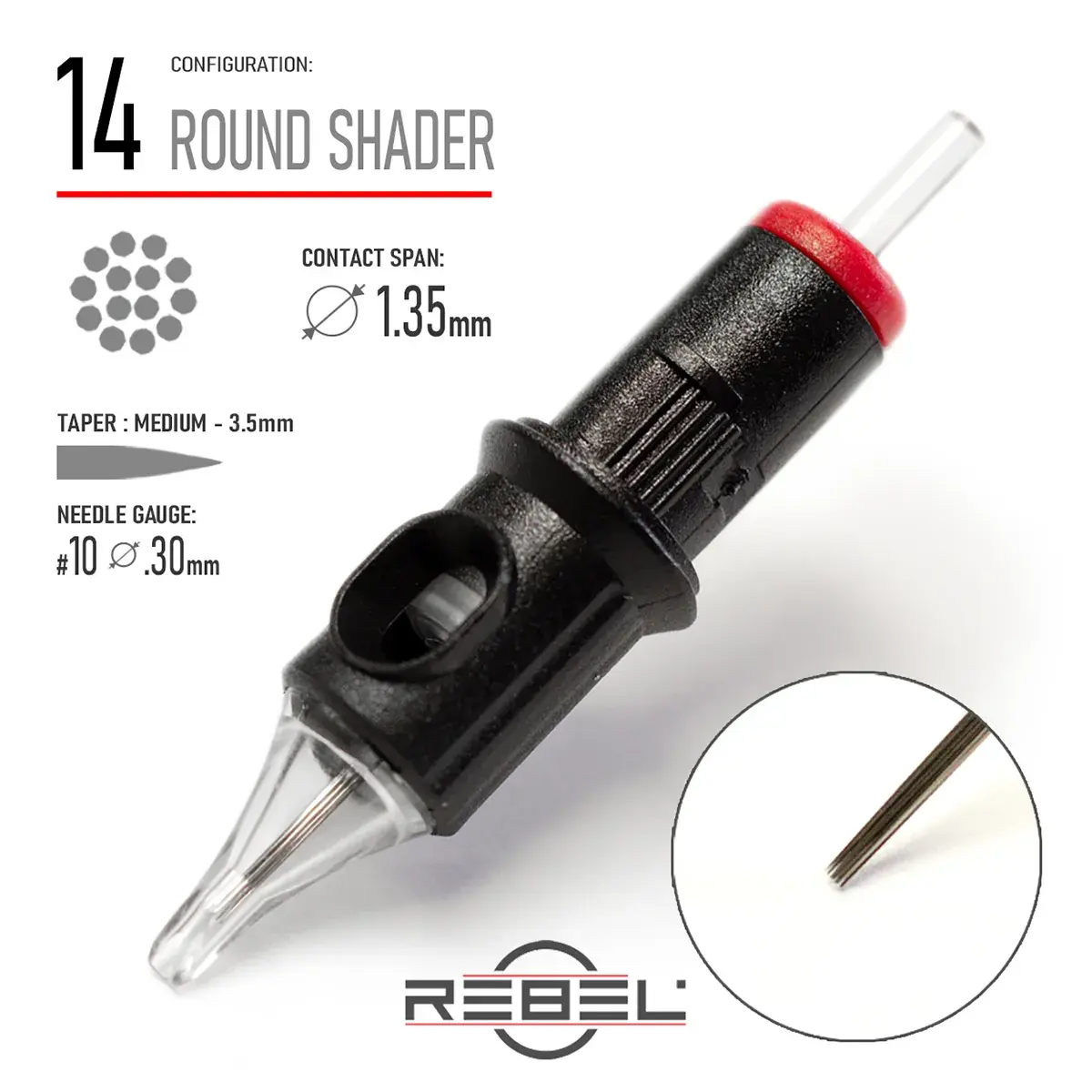 REBEL Precision 14RS Round Shader Tattoo Cartridge – Contact Span 1.35 mm, Medium Taper 3.5mm, Gauge #10 (0.30 mm)