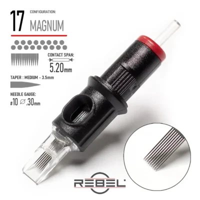 REBEL Precision 17 Magnum Tattoo Cartridge – Contact Span 5.20mm, Medium Taper 3.5mm, Gauge #10 (0.30mm)