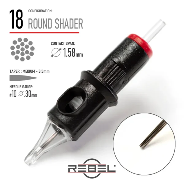 REBEL Precision 18RS Round Shader Tattoo Cartridge – Contact Span 1.58 mm, Medium Taper 3.5mm, Gauge #10 (0.30 mm)