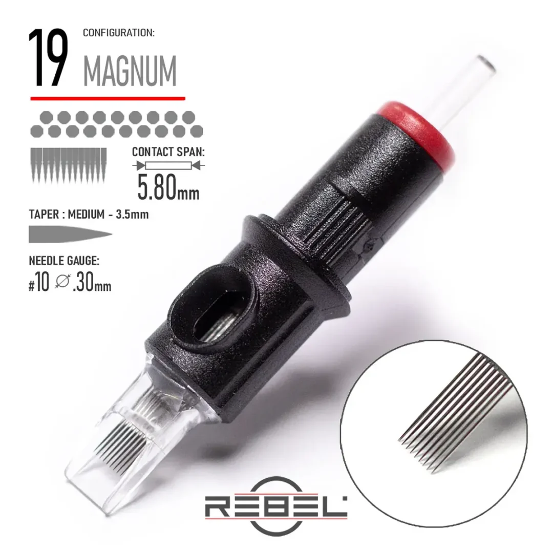 REBEL Precision 19 Magnum Tattoo Cartridge – Contact Span 5.80mm, Medium Taper 3.5mm, Gauge #10 (0.30mm)