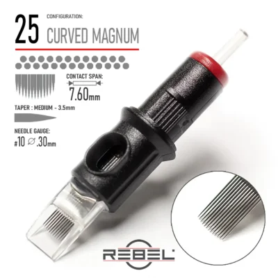 REBEL Precision 25 Curved Magnum Tattoo Cartridge – Contact Span 7.60mm, Medium Taper 3.5mm, Gauge #10 (0.30mm)