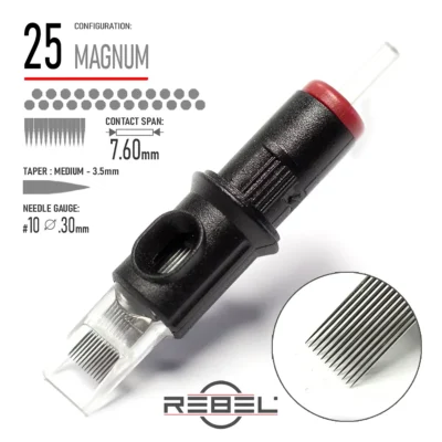 REBEL Precision 25 Magnum Tattoo Cartridge – Contact Span 7.60mm, Medium Taper 3.5mm, Gauge #10 (0.30mm)