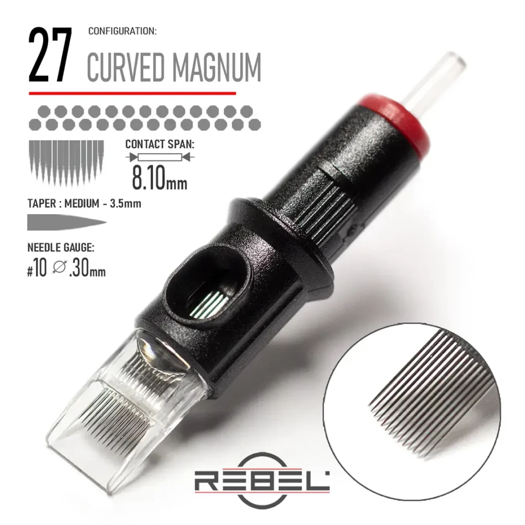 REBEL Precision 27 Curved Magnum Tattoo Cartridge – Contact Span 8.10mm, Medium Taper 3.5mm, Gauge #10 (0.30mm)