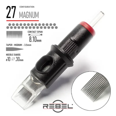 REBEL Precision 27 Magnum Tattoo Cartridge – Contact Span 8.10mm, Medium Taper 3.5mm, Gauge #10 (0.30mm)