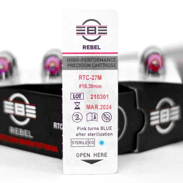 REBEL Precision 27 Magnum tattoo needle cartridge packaging showing RTC-27M code, #10 gauge, and sterility indicators