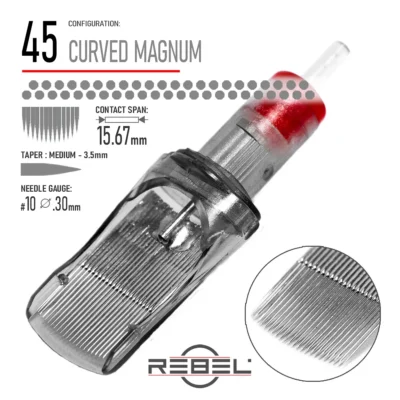 REBEL Precision 45 Curved Magnum Tattoo Cartridge – Contact Span 15.67mm, Medium Taper 3.5mm, Gauge #10 (0.30mm)
