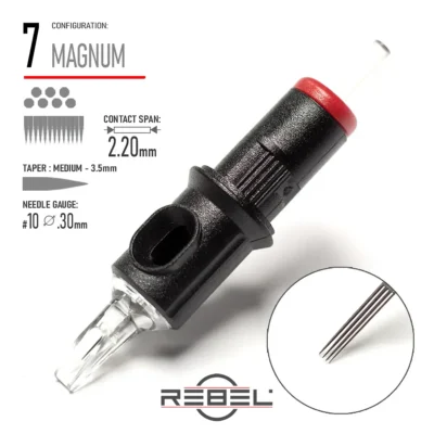 REBEL Precision 7 Magnum Tattoo Cartridge – Contact Span 2.20mm, Medium Taper 3.5mm, Gauge #10 (0.30mm)