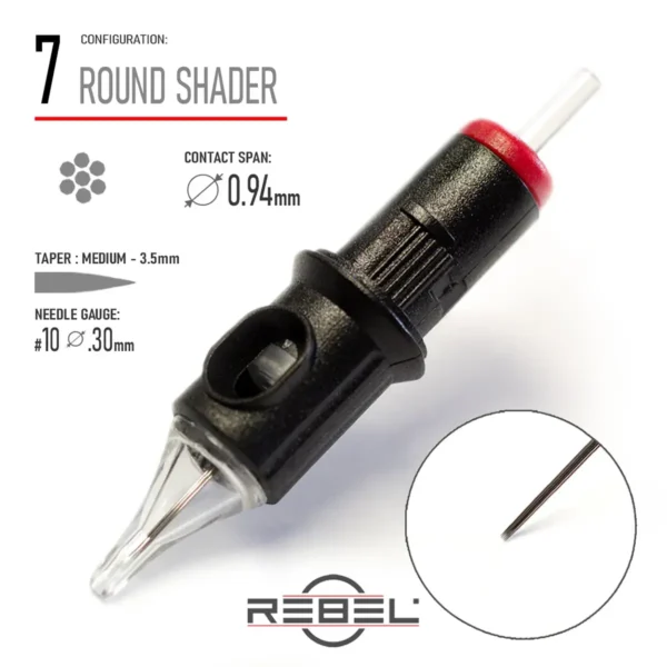 REBEL Precision 7RS Round Shader Tattoo Cartridge – Contact Span 0.94 mm, Medium Taper 3.5mm, Gauge #10 (0.30 mm)