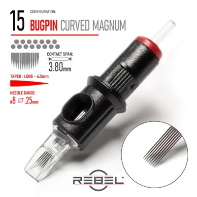 REBEL Precision Bugpin 15 Curved Magnum Tattoo Cartridge – Contact Span 3.80mm, Long Taper 6.5mm, Gauge #8 (0.25mm)