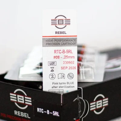 REBEL Precision bugpin 5RL tattoo cartridge blister pack close-up — RTC-B-5RL, #08 gauge 0.25mm, EO sterilized with sterilization indicator