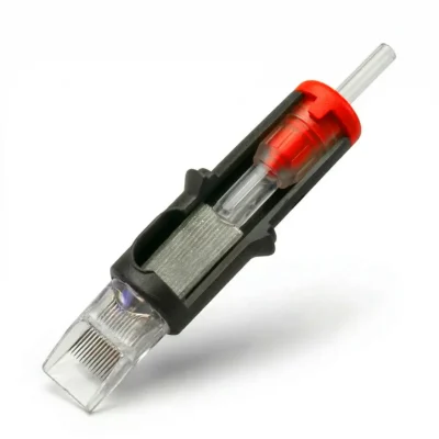 REBEL Precision Magnum Tattoo Cartridge cutaway showing plunger assembly, silicone membrane, and stainless steel needle configuration