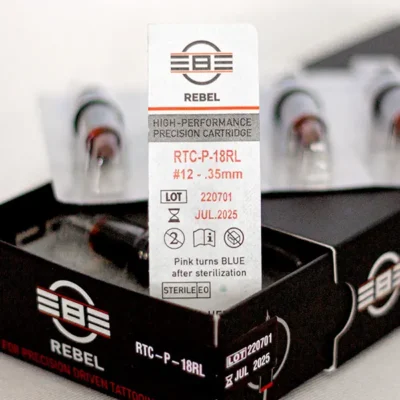 REBEL Precision power 18RL tattoo cartridge blister pack close-up — RTC-P-18RL, #12 gauge 0.35mm, EO sterilized with sterilization indicator