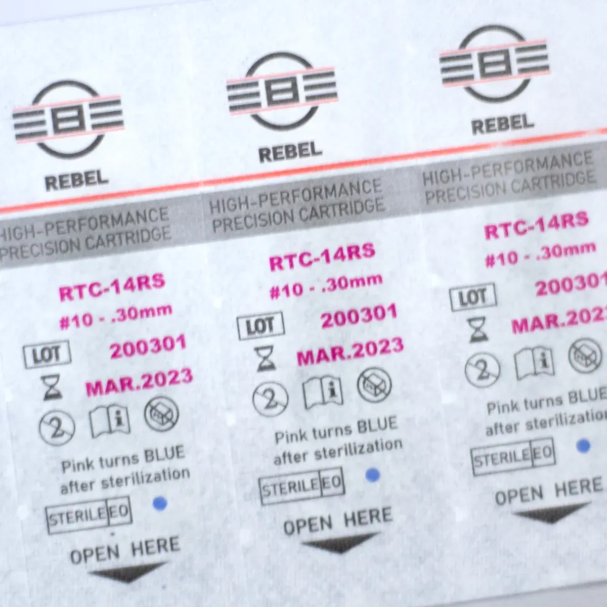 REBEL Precision Round Shader tattoo cartridge sterile blister pack label with configuration and EO sterilization details