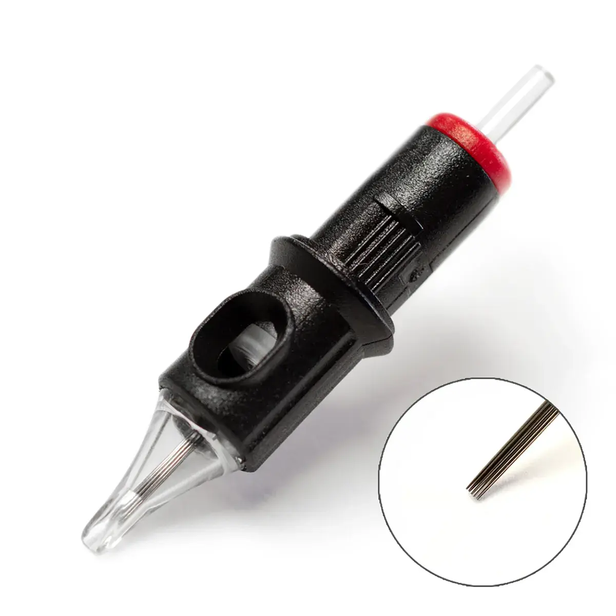 REBEL Precision Round Shader tattoo cartridge close-up showing needle grouping and clear tip
