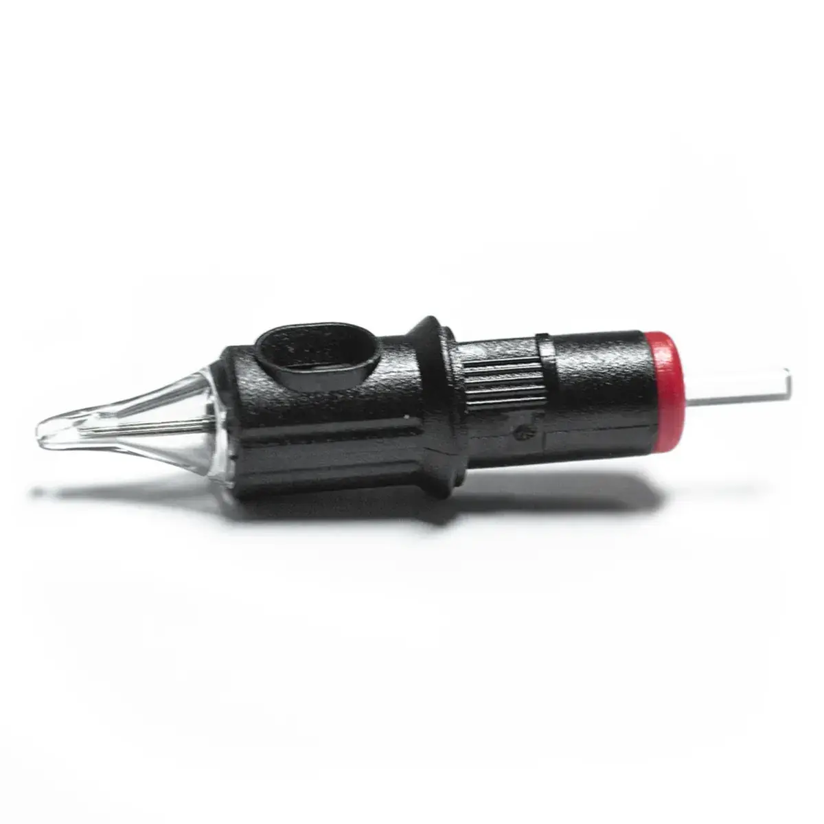 REBEL Precision Round Shader tattoo cartridge side view showing clear tip, black housing and red membrane cap