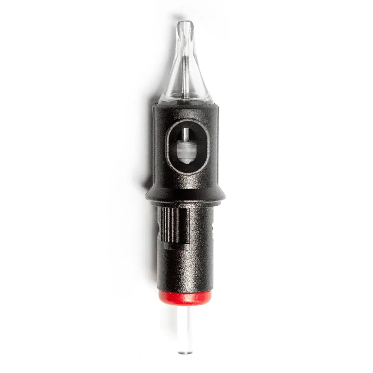 REBEL Precision Round Shader tattoo cartridge top view showing internal stabilizer and clear tip