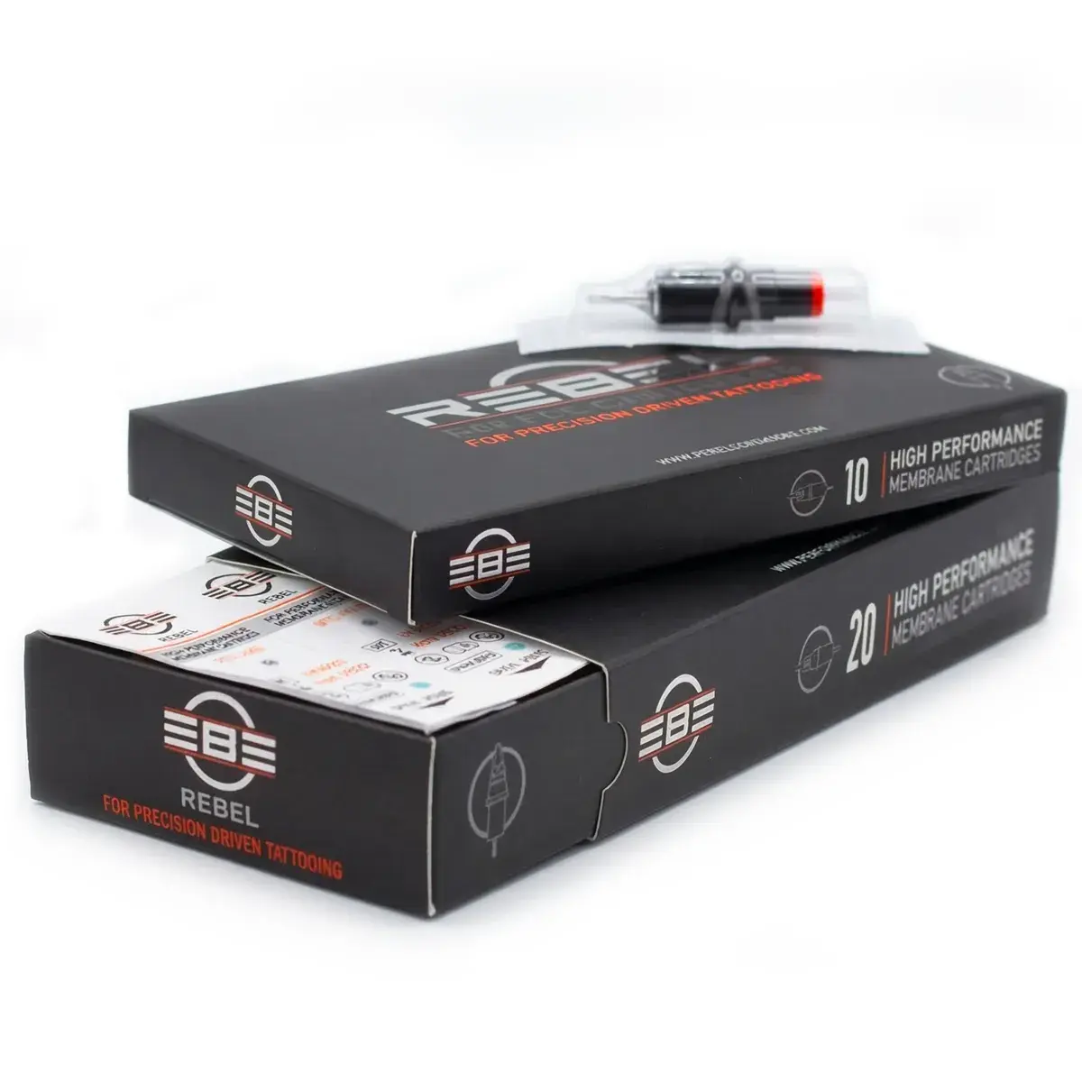 REBEL Precision Round Shader tattoo cartridges retail packaging with 10 and 20 cartridge boxes