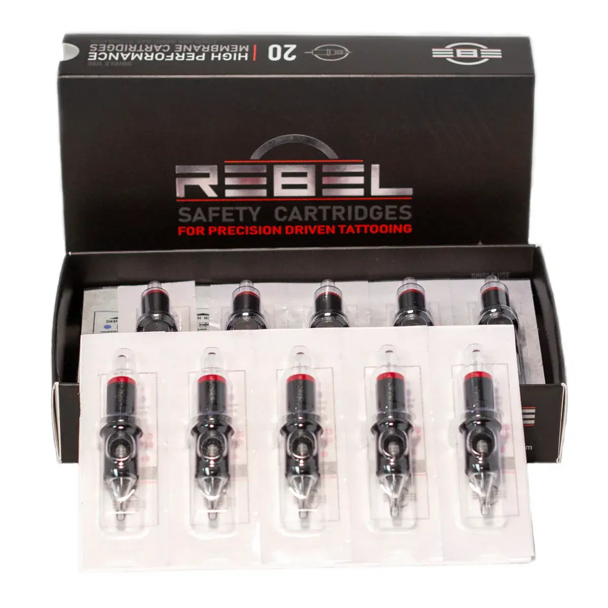 REBEL Precision Round Shader tattoo cartridges open box with sterile blister-packed cartridges