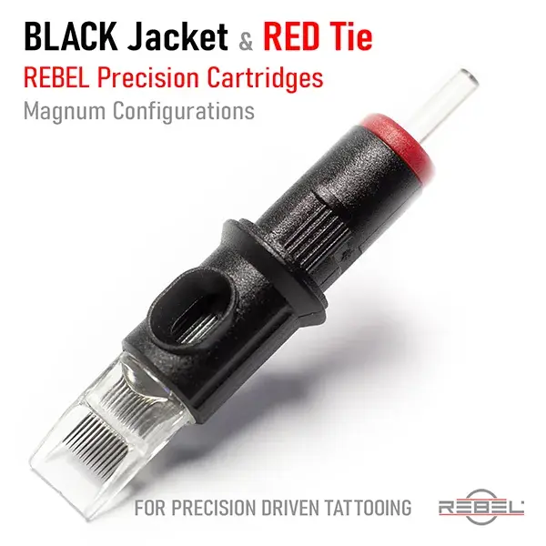 REBEL Precision Tattoo Cartridge magnum configurations – black housing, red membrane cap, wide clear tip — Black Jacket Red Tie