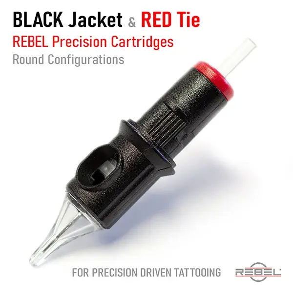 REBEL Precision Tattoo Cartridge round configurations – black housing, red membrane cap, clear tip — Black Jacket Red Tie