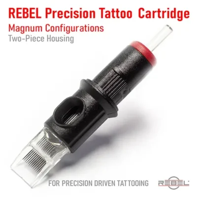 REBEL Precision Tattoo Cartridge – magnum configurations, black two-piece housing with red membrane cap and wide clear tip