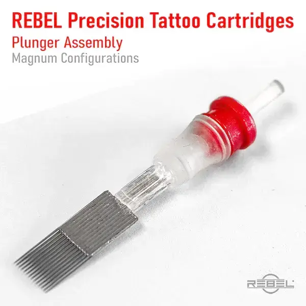 REBEL Precision Tattoo Cartridge plunger assembly – magnum, dual-row needle group, PC plunger, silicone membrane, red cap