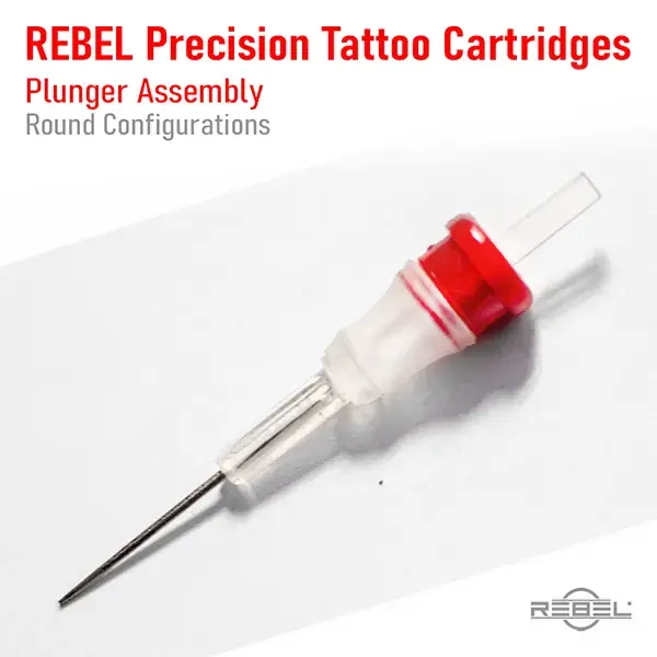 REBEL Precision Tattoo Cartridge plunger assembly – round configuration, single needle, PC plunger, silicone membrane, red cap