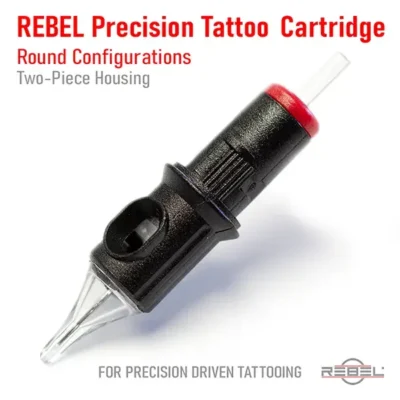 REBEL Precision Tattoo Cartridge – round configurations, black two-piece housing with red membrane cap and clear tip