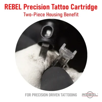 REBEL Precision Tattoo Cartridge two-piece housing – tip removed, needle group exposed for mid-session cleaning